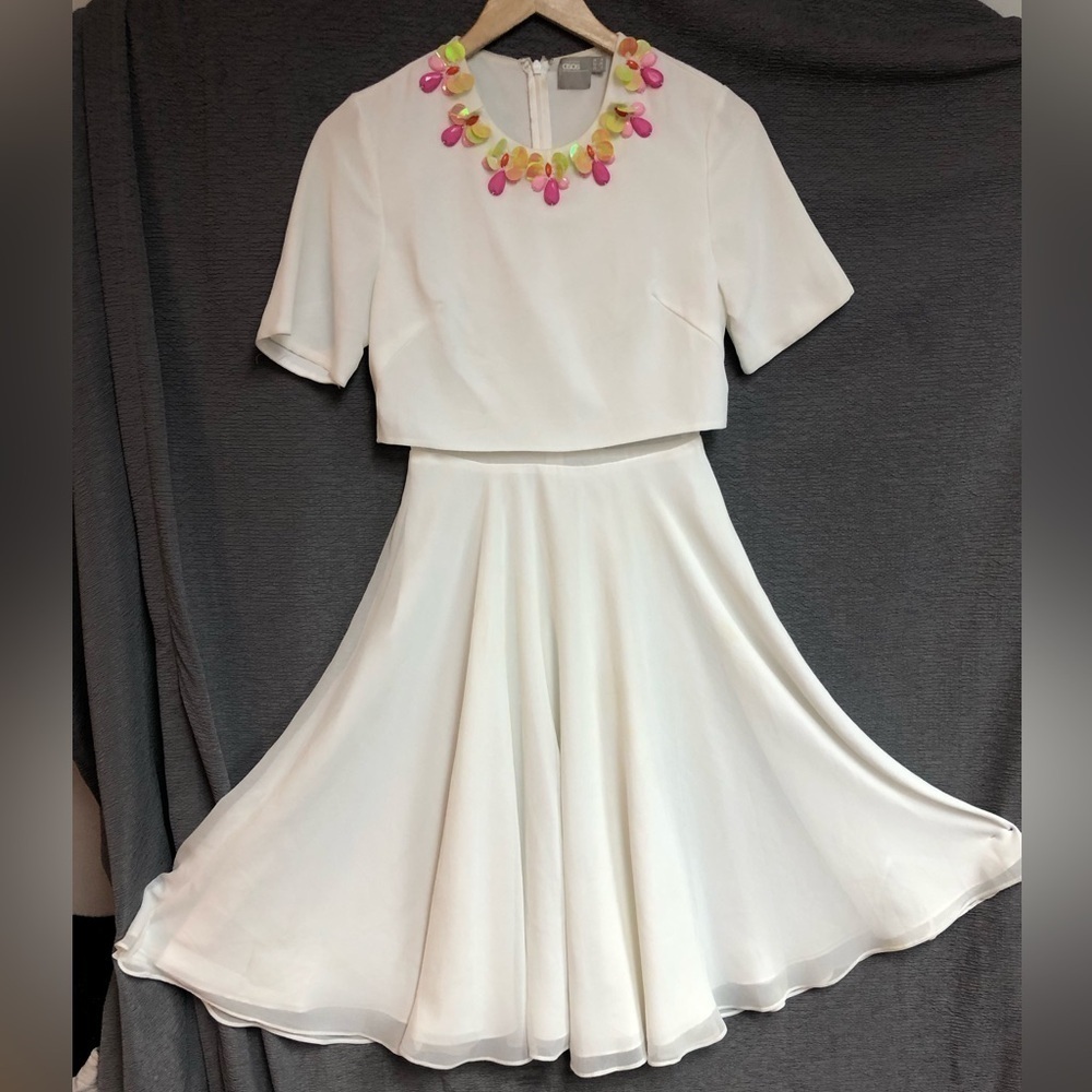 ASOS 4 white dress with pink yellow embellishments around neck short sleeve,